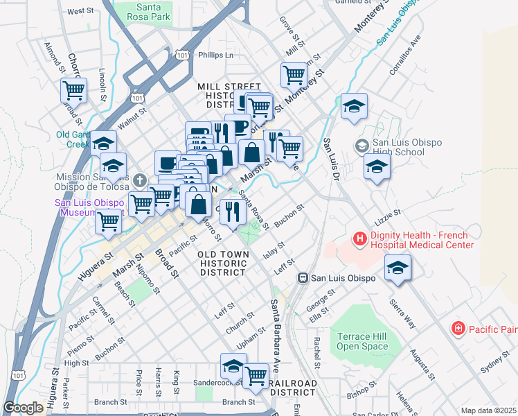 map of restaurants, bars, coffee shops, grocery stores, and more near 1338 Santa Rosa Street in San Luis Obispo