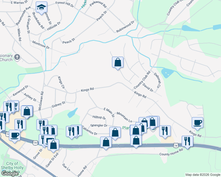 map of restaurants, bars, coffee shops, grocery stores, and more near 1562 Kings Road in Shelby