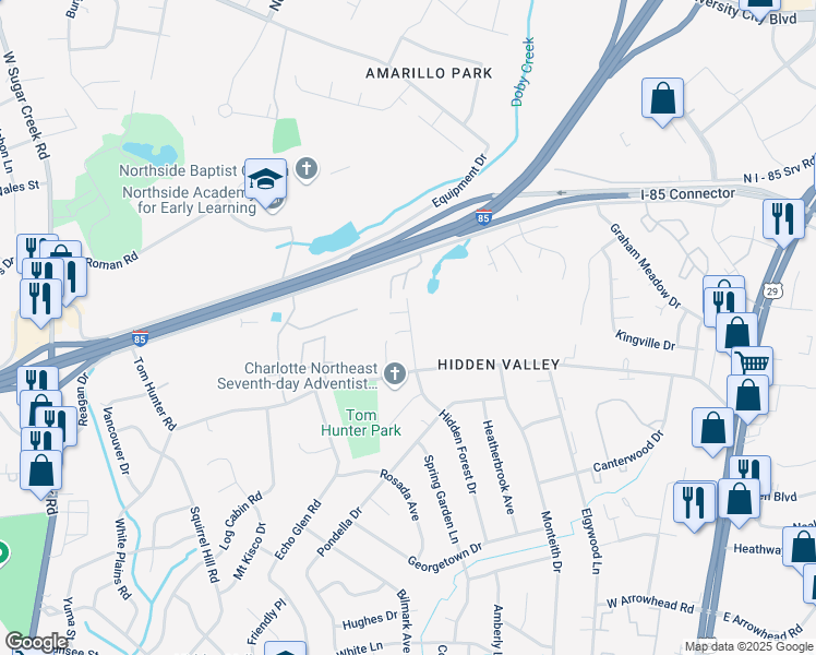 map of restaurants, bars, coffee shops, grocery stores, and more near 6807 Hidden Forest Drive in Charlotte