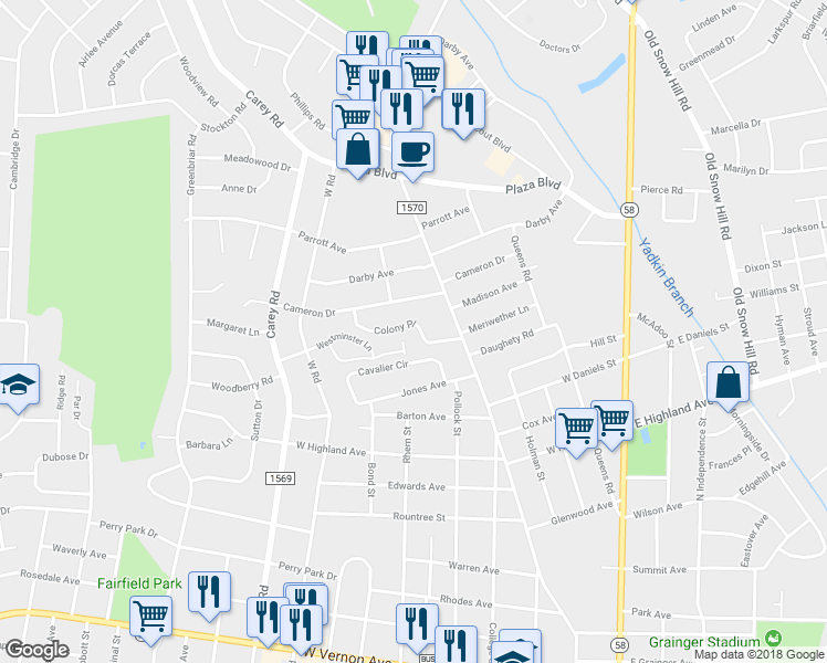 map of restaurants, bars, coffee shops, grocery stores, and more near 736 Colony Place in Kinston