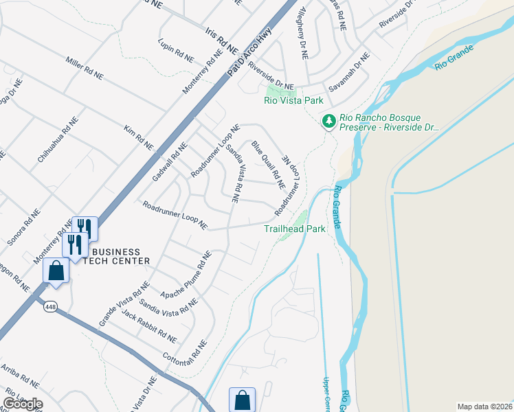 map of restaurants, bars, coffee shops, grocery stores, and more near 6496 Gambel Quail Road Northeast in Rio Rancho