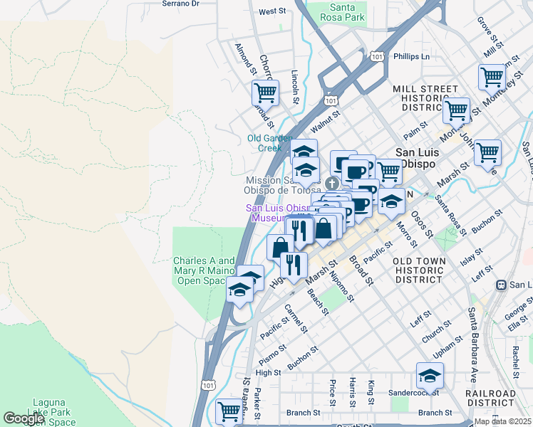 map of restaurants, bars, coffee shops, grocery stores, and more near 557 Brizzolara Street in San Luis Obispo