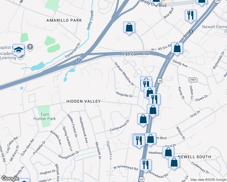 map of restaurants, bars, coffee shops, grocery stores, and more near 441 Kingville Drive in Charlotte