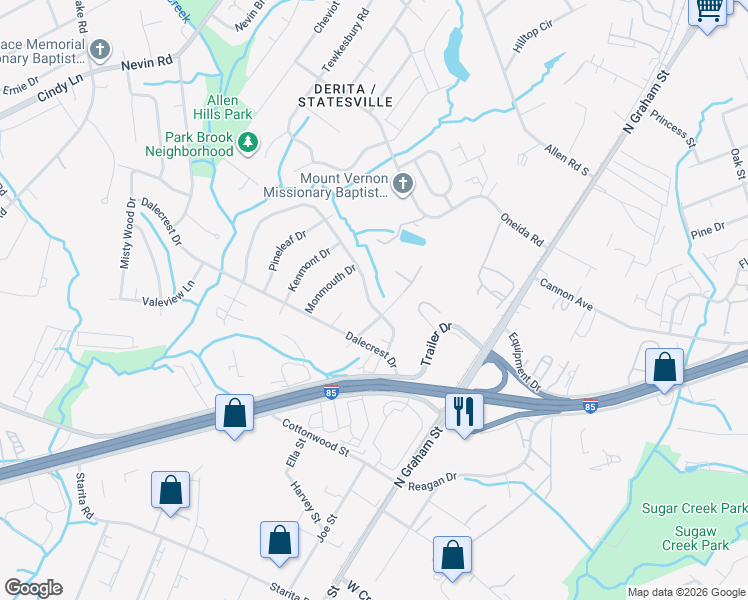 map of restaurants, bars, coffee shops, grocery stores, and more near 2712 Cedarhurst Drive in Charlotte