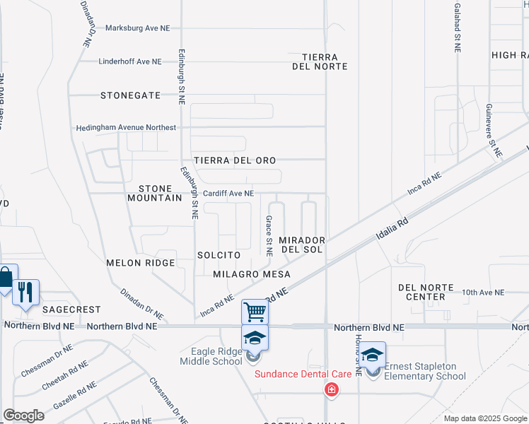 map of restaurants, bars, coffee shops, grocery stores, and more near 1199 Grace Street Northeast in Rio Rancho