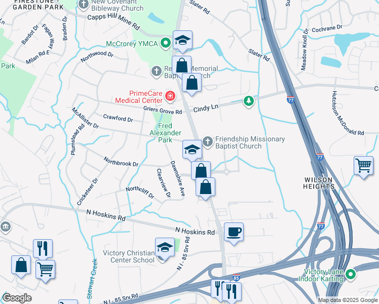 map of restaurants, bars, coffee shops, grocery stores, and more near 2024 McAllister Drive in Charlotte