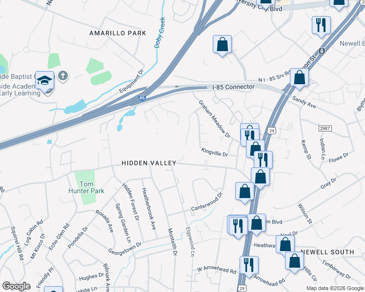 map of restaurants, bars, coffee shops, grocery stores, and more near 2211 Blue Hampton Lane in Charlotte