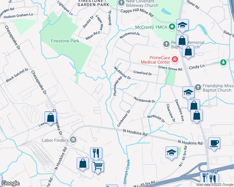 map of restaurants, bars, coffee shops, grocery stores, and more near 1417 Plumstead Road in Charlotte
