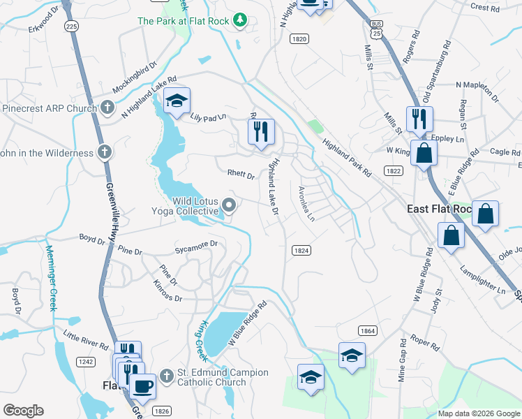map of restaurants, bars, coffee shops, grocery stores, and more near 251 Lake Shore Drive in Flat Rock