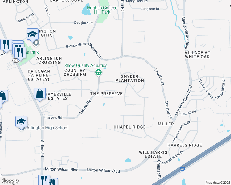 map of restaurants, bars, coffee shops, grocery stores, and more near 12179 Preserve Woods Cove in Arlington