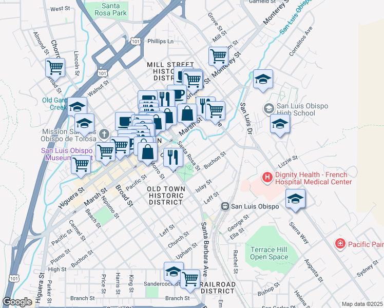 map of restaurants, bars, coffee shops, grocery stores, and more near 1338 Santa Rosa Street in San Luis Obispo