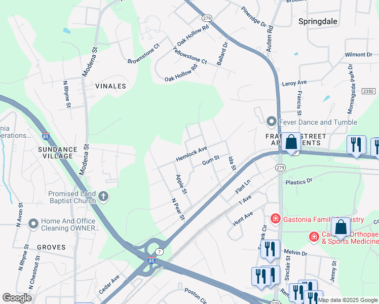 map of restaurants, bars, coffee shops, grocery stores, and more near 1810 Hemlock Avenue in Gastonia