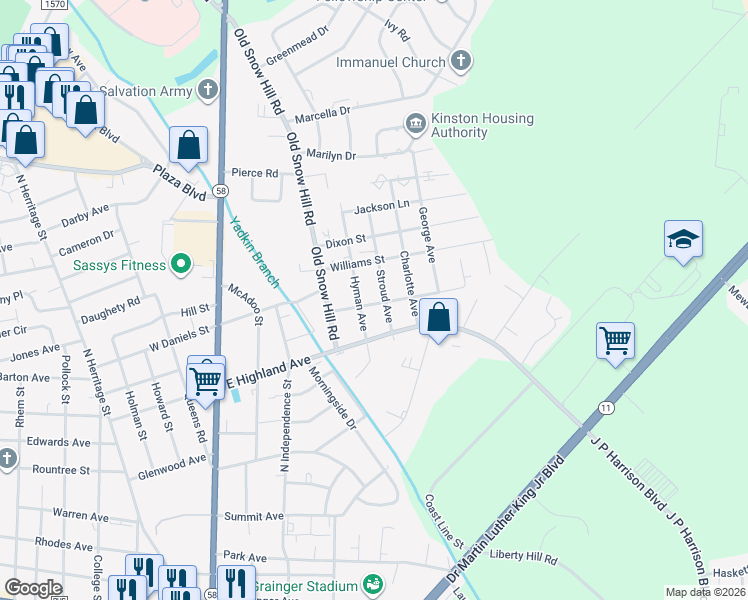 map of restaurants, bars, coffee shops, grocery stores, and more near 504 Stadiem Drive in Kinston