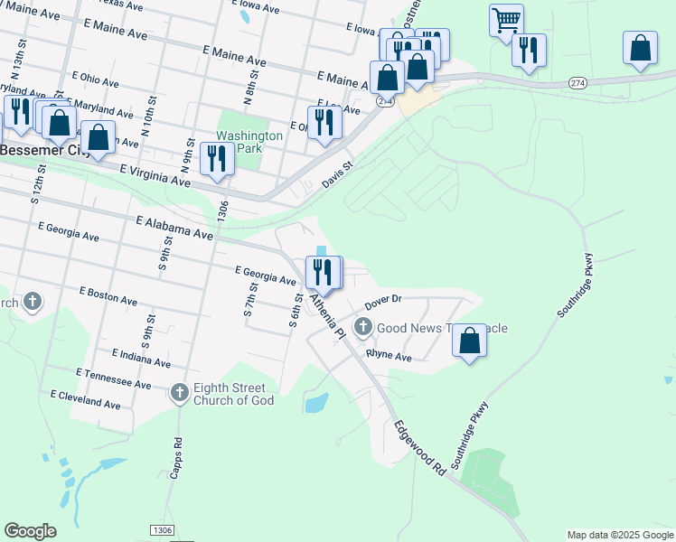 map of restaurants, bars, coffee shops, grocery stores, and more near 903 Cherry Street in Bessemer City