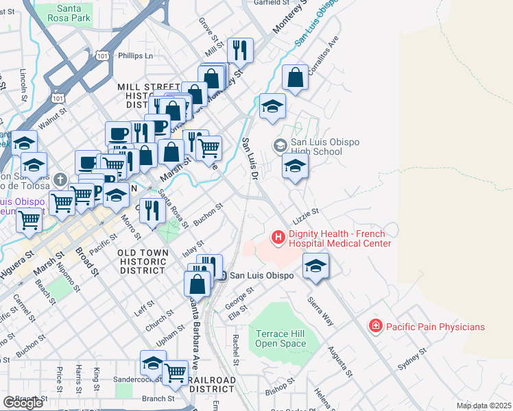 map of restaurants, bars, coffee shops, grocery stores, and more near 1642 Fairview Street in San Luis Obispo