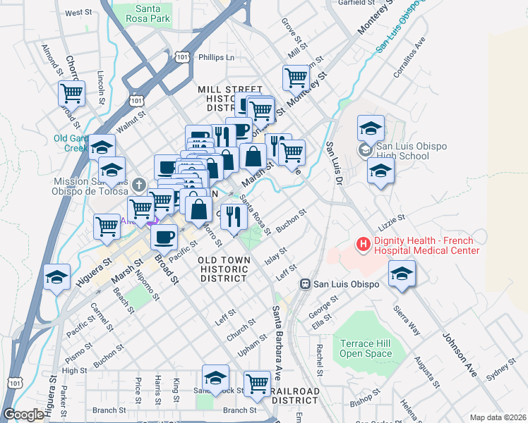 map of restaurants, bars, coffee shops, grocery stores, and more near 1116 Pismo Street in San Luis Obispo