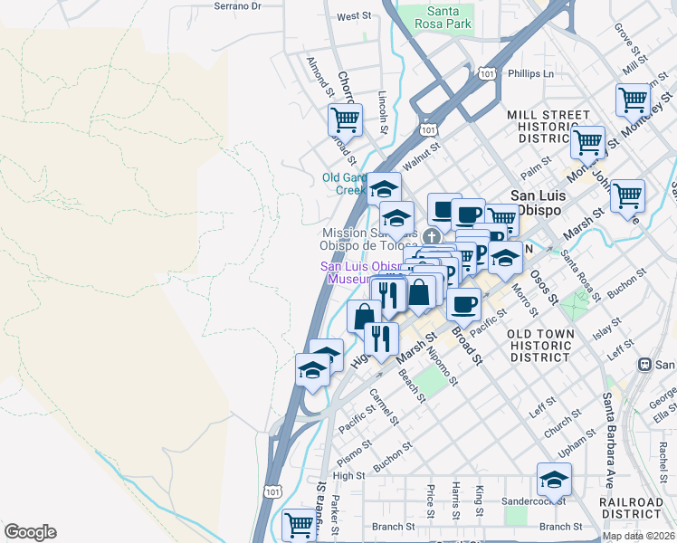 map of restaurants, bars, coffee shops, grocery stores, and more near 557 Brizzolara Street in San Luis Obispo