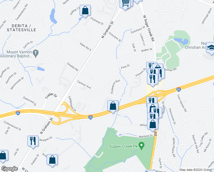 map of restaurants, bars, coffee shops, grocery stores, and more near 1631 Oneida Road in Charlotte