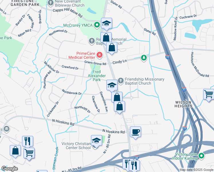 map of restaurants, bars, coffee shops, grocery stores, and more near 2024 McAllister Drive in Charlotte