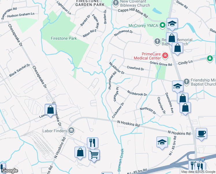 map of restaurants, bars, coffee shops, grocery stores, and more near 1426 Plumstead Road in Charlotte