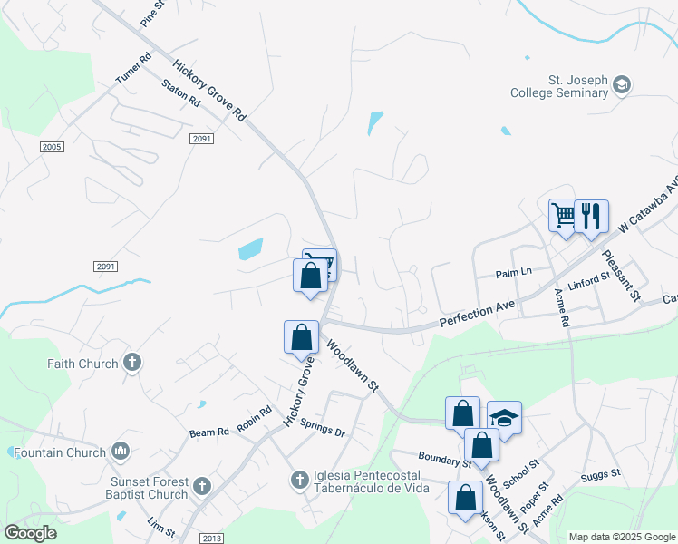 map of restaurants, bars, coffee shops, grocery stores, and more near 213 Hickory Grove Road in Gastonia