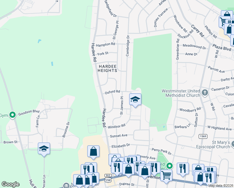 map of restaurants, bars, coffee shops, grocery stores, and more near 1800 Oxford Road in Kinston