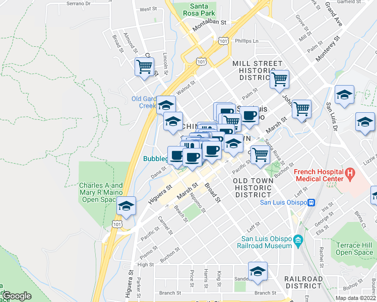 map of restaurants, bars, coffee shops, grocery stores, and more near 696 Monterey Street in San Luis Obispo