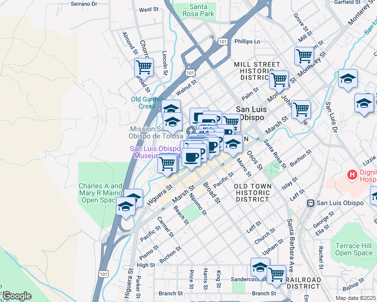 map of restaurants, bars, coffee shops, grocery stores, and more near 696 Monterey Street in San Luis Obispo
