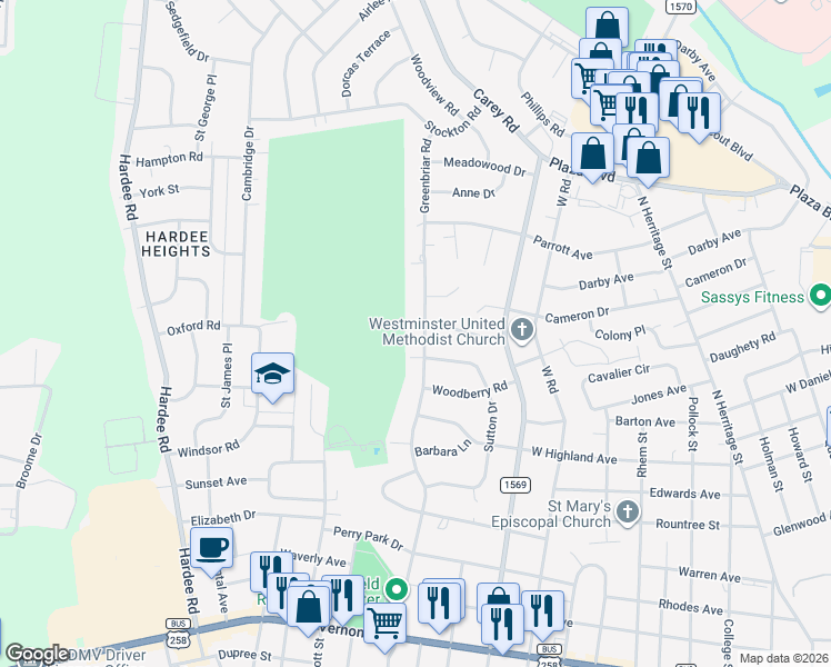 map of restaurants, bars, coffee shops, grocery stores, and more near 1602 Greenbriar Road in Kinston