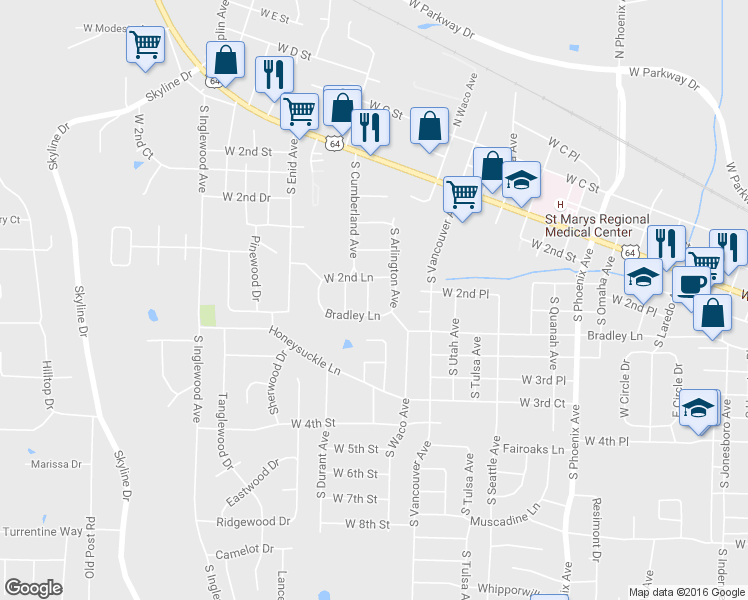 map of restaurants, bars, coffee shops, grocery stores, and more near 237 South Beaumont Avenue in Russellville