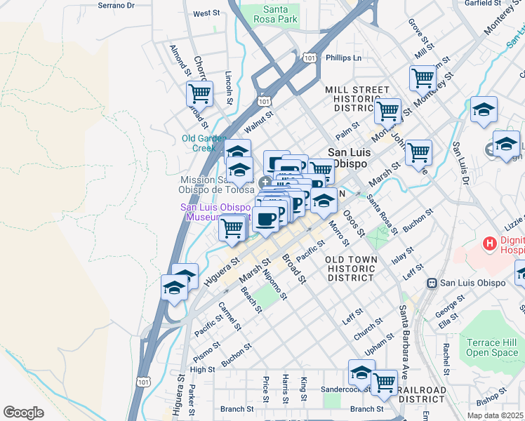 map of restaurants, bars, coffee shops, grocery stores, and more near 699 Monterey Street in San Luis Obispo