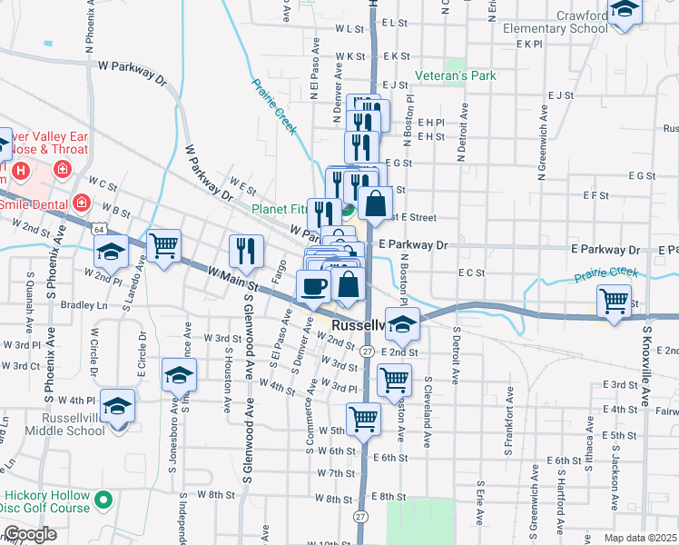 map of restaurants, bars, coffee shops, grocery stores, and more near 201 West Parkway Drive in Russellville