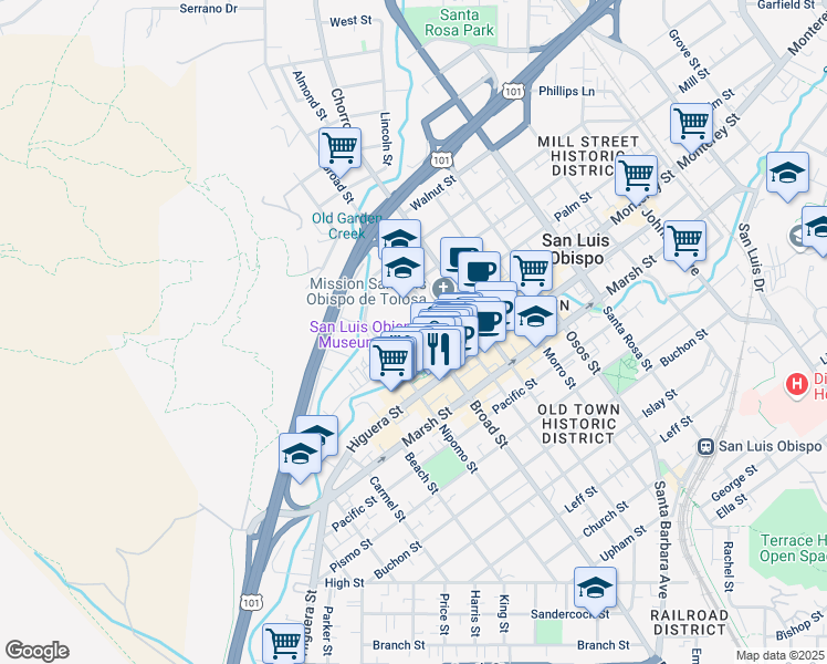 map of restaurants, bars, coffee shops, grocery stores, and more near 659 Palm Street in San Luis Obispo
