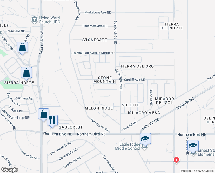 map of restaurants, bars, coffee shops, grocery stores, and more near Candleston Avenue Northeast in Rio Rancho
