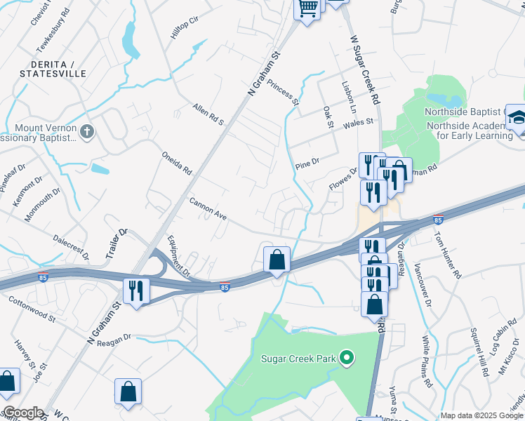 map of restaurants, bars, coffee shops, grocery stores, and more near 1631 Oneida Road in Charlotte