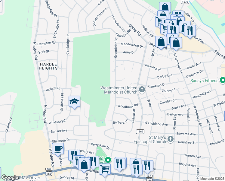 map of restaurants, bars, coffee shops, grocery stores, and more near 1602 Greenbriar Road in Kinston