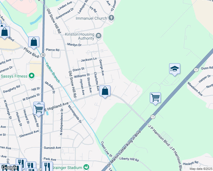 map of restaurants, bars, coffee shops, grocery stores, and more near 709 Stadiem Drive in Kinston