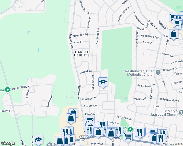 map of restaurants, bars, coffee shops, grocery stores, and more near 1800 Oxford Road in Kinston