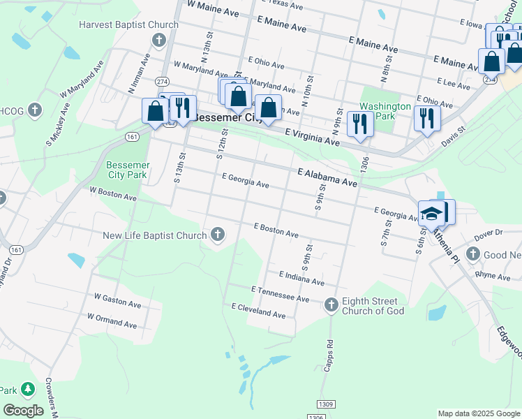 map of restaurants, bars, coffee shops, grocery stores, and more near 212 East Louisiana Avenue in Bessemer City