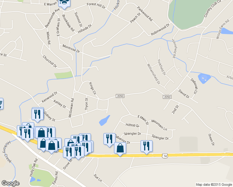 map of restaurants, bars, coffee shops, grocery stores, and more near 1525 Kings Road in Shelby