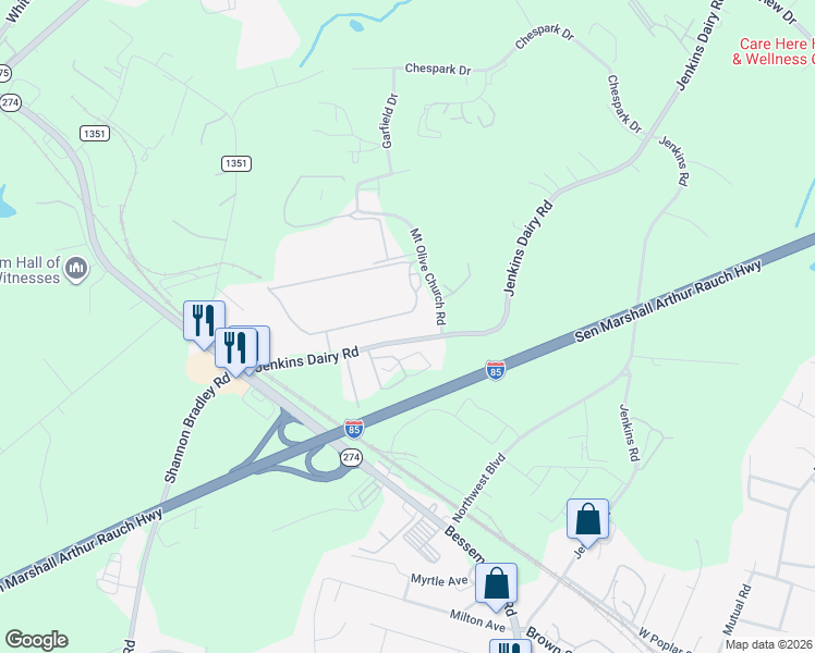 map of restaurants, bars, coffee shops, grocery stores, and more near 2016 Jenkins Dairy Road in Gastonia