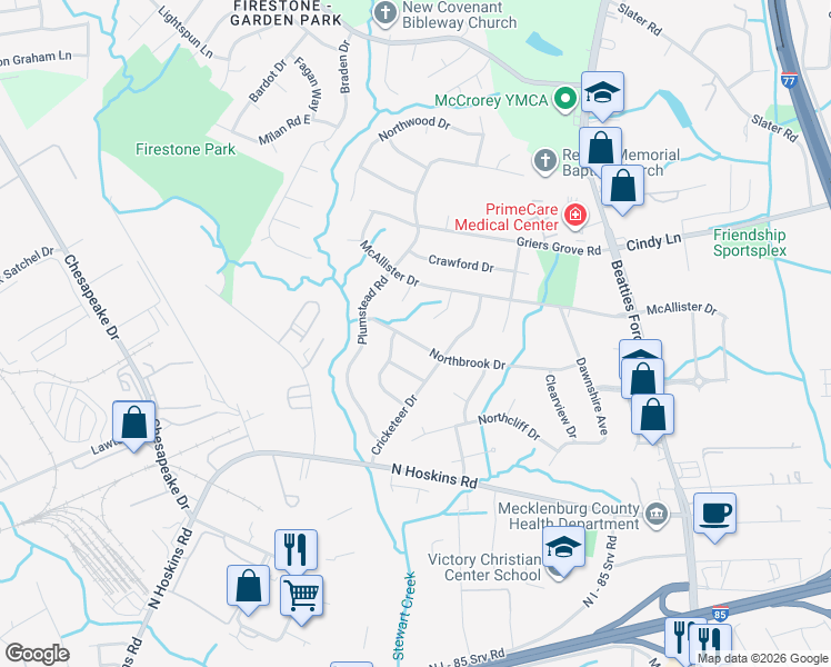 map of restaurants, bars, coffee shops, grocery stores, and more near 1615 Northbrook Drive in Charlotte