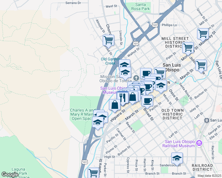 map of restaurants, bars, coffee shops, grocery stores, and more near 567 Brizzolara Street in San Luis Obispo