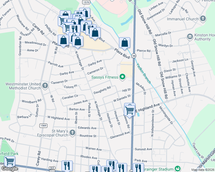 map of restaurants, bars, coffee shops, grocery stores, and more near 603 Daughety Road in Kinston