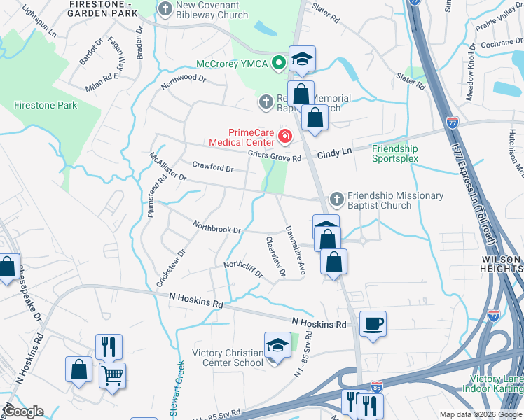 map of restaurants, bars, coffee shops, grocery stores, and more near 3319 Dawnshire Avenue in Charlotte