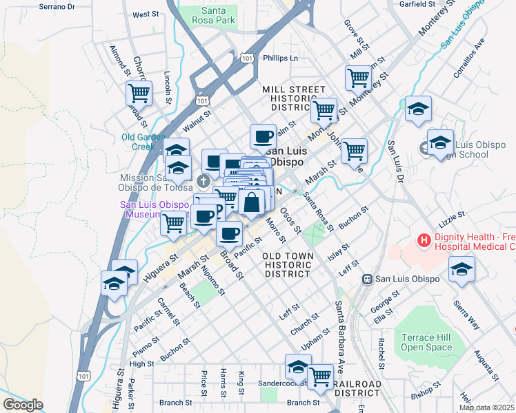 map of restaurants, bars, coffee shops, grocery stores, and more near 893 Higuera Street in San Luis Obispo