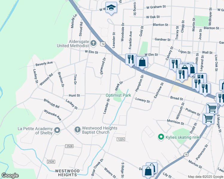 map of restaurants, bars, coffee shops, grocery stores, and more near 1007 Mark Drive in Shelby
