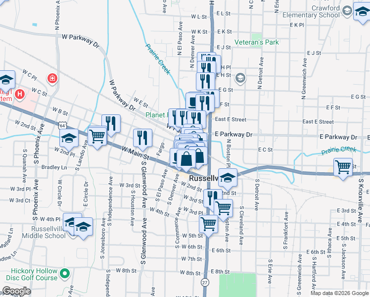 map of restaurants, bars, coffee shops, grocery stores, and more near 320 West C Street in Russellville
