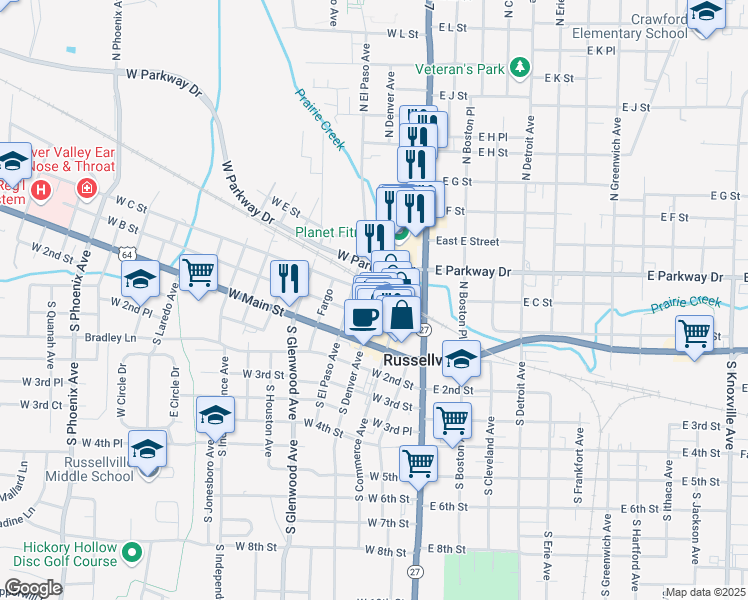 map of restaurants, bars, coffee shops, grocery stores, and more near 215 North Denver Avenue in Russellville