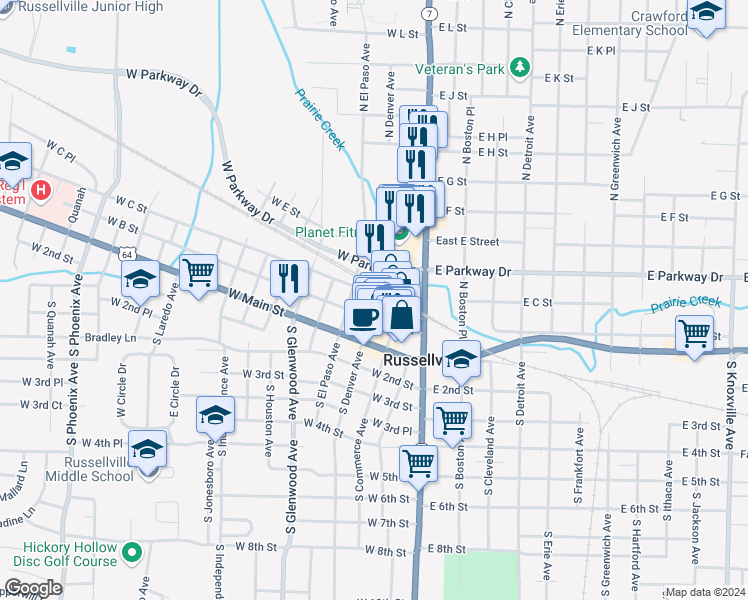 map of restaurants, bars, coffee shops, grocery stores, and more near 215 North Denver Avenue in Russellville